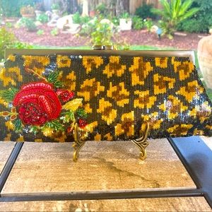 SANTI LEOPARD/JEWELED ROSE CLUTCH